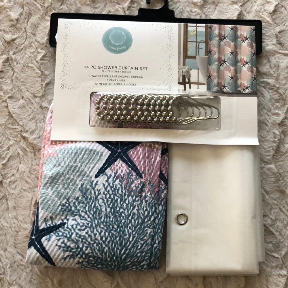 Ocean Coastal Beachy Shower Curtain Set with Hooks